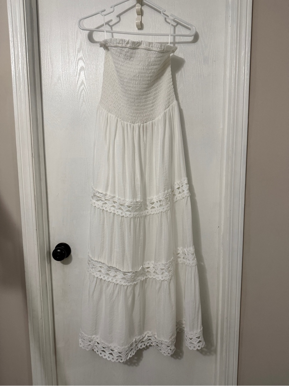 Elan White Strapless Crochet Trim Maxi Dress